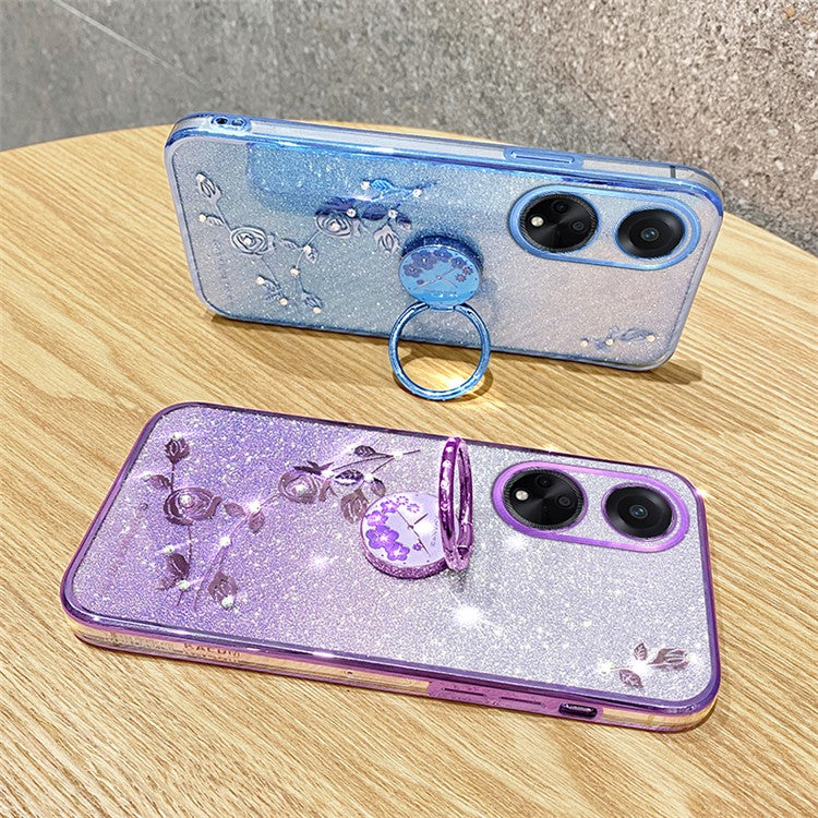 KADEM For Honor Play 30 Plus 5G Ring Kickstand TPU Cover Flower Pattern Glitter Phone Anti-fall Case - Purple