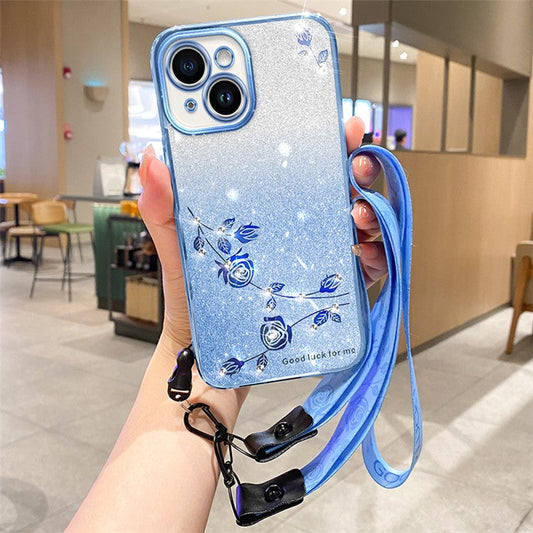 KADEM For Honor Play 30 5G Rhinestone Glitter TPU Phone Case Flower Design Protective Cover with Strap - Blue