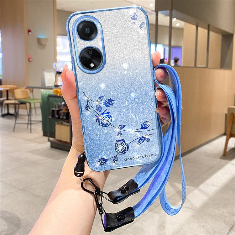 KADEM For Honor Play 30 Plus 5G Flower Design Rhinestone Glitter TPU Phone Case Protective Cover with Strap - Blue