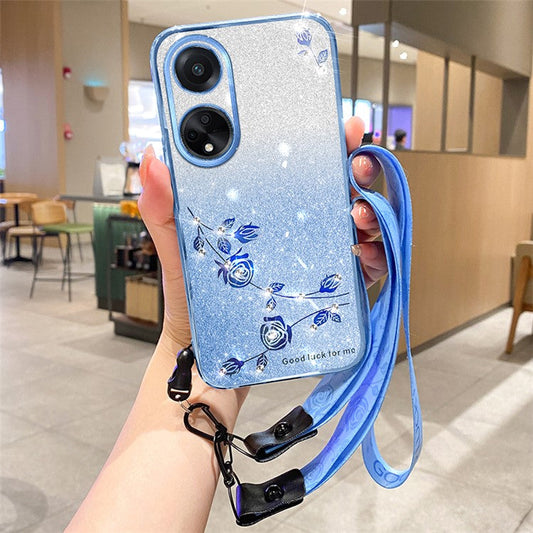 KADEM For Honor Play 30 Plus 5G Flower Design Rhinestone Glitter TPU Phone Case Protective Cover with Strap - Blue