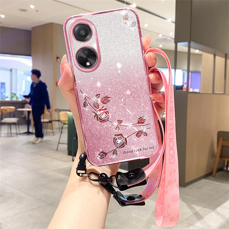 KADEM For Honor Play 30 Plus 5G Flower Design Rhinestone Glitter TPU Phone Case Protective Cover with Strap - Rose Gold