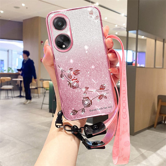KADEM For Honor Play 30 Plus 5G Flower Design Rhinestone Glitter TPU Phone Case Protective Cover with Strap - Rose Gold