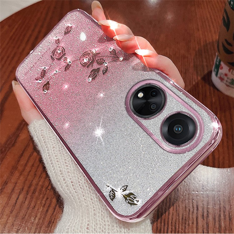 KADEM For Honor Play 30 Plus 5G Gradient Glitter Rhinestone Flower Shockproof Phone Case TPU Cover - Rose Gold