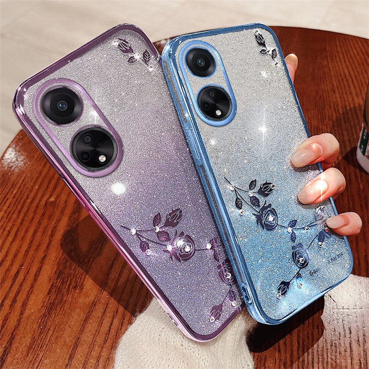 KADEM For Honor Play 30 Plus 5G Gradient Glitter Rhinestone Flower Shockproof Phone Case TPU Cover - Blue