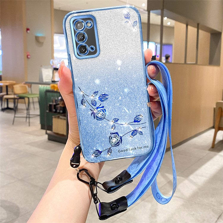 KADEM For Honor X10 Max / X30 Max Flower Design Cell Phone Guard Cover Rhinestone Glitter TPU Case with Strap - Blue