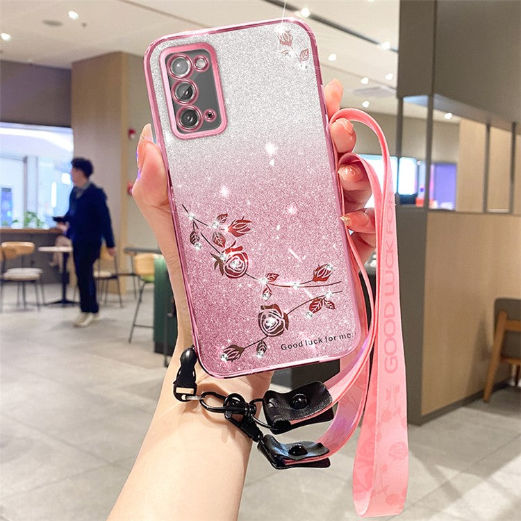 KADEM For Honor X10 Max / X30 Max Flower Design Cell Phone Guard Cover Rhinestone Glitter TPU Case with Strap - Rose Gold