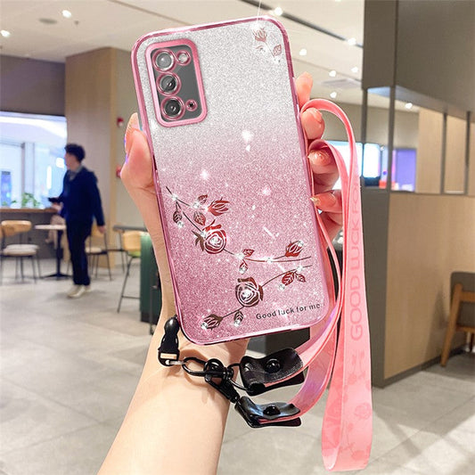 KADEM For Honor X10 Max / X30 Max Flower Design Cell Phone Guard Cover Rhinestone Glitter TPU Case with Strap - Rose Gold