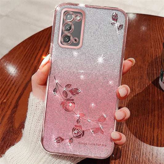 KADEM For Honor X10 Max / X30 Max Gradient Glitter Rhinestone Flower Phone Case Drop Resistant TPU Cover - Rose Gold