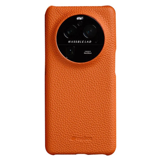 MELKCO For Oppo Find X6 Pro Hard Cover Genuine Cow Leather Coated PC Incomplete Phone Shell - Orange