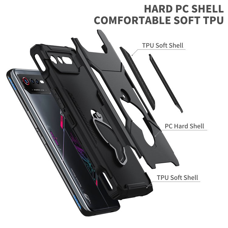 For Asus ROG Phone 6 5G / ROG Phone 7 5G PC+TPU Phone Case Anti-Slip Kickstand Phone Cover - Black