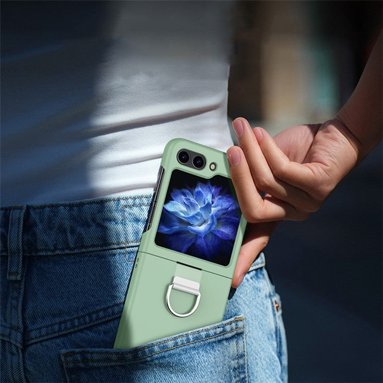 For Samsung Galaxy Z Flip5 5G Hard PC Skin-touch Phone Case Metal Ring Holder Anti-Slip Cover - Light Green