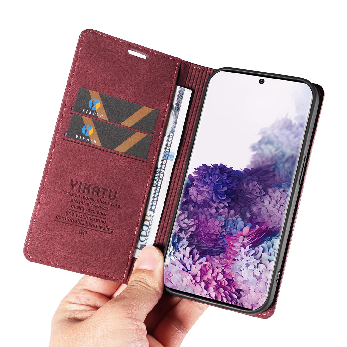 YIKATU YK-004 For Samsung Galaxy S20 FE / S20 FE 5G / S20 FE 2022 / S20 Lite Leather Cover Skin-touch Flip Wallet Stand Phone Case - Wine Red
