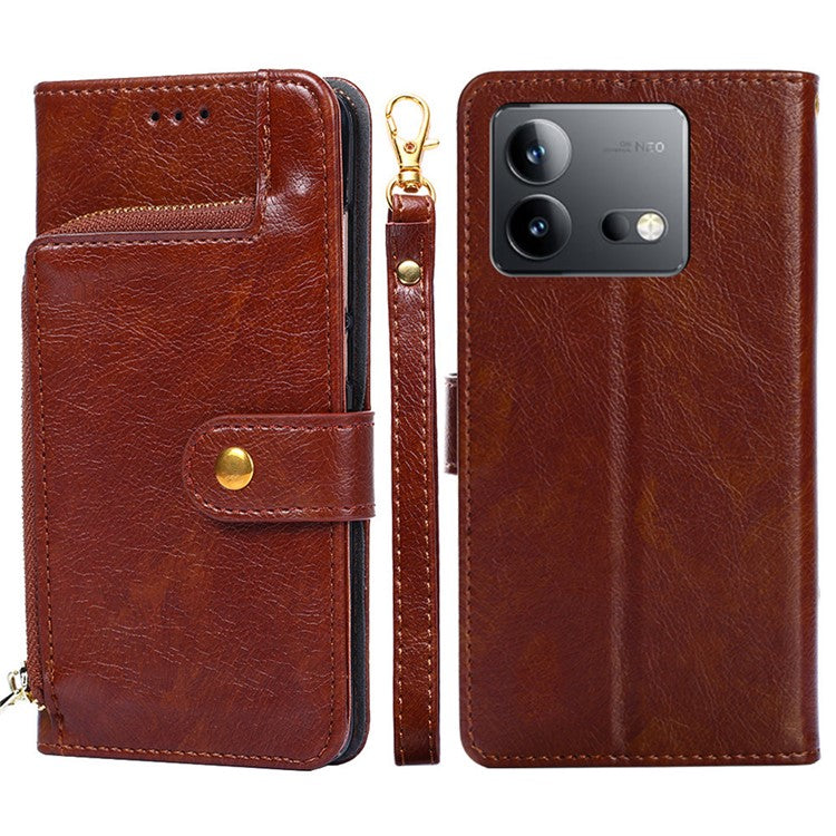 Mobile Phone Stand Case For vivo iQOO Neo8 Pro 5G / iQOO Neo8 5G , PU Leather Phone Cover Zippered Wallet with Strap - Brown