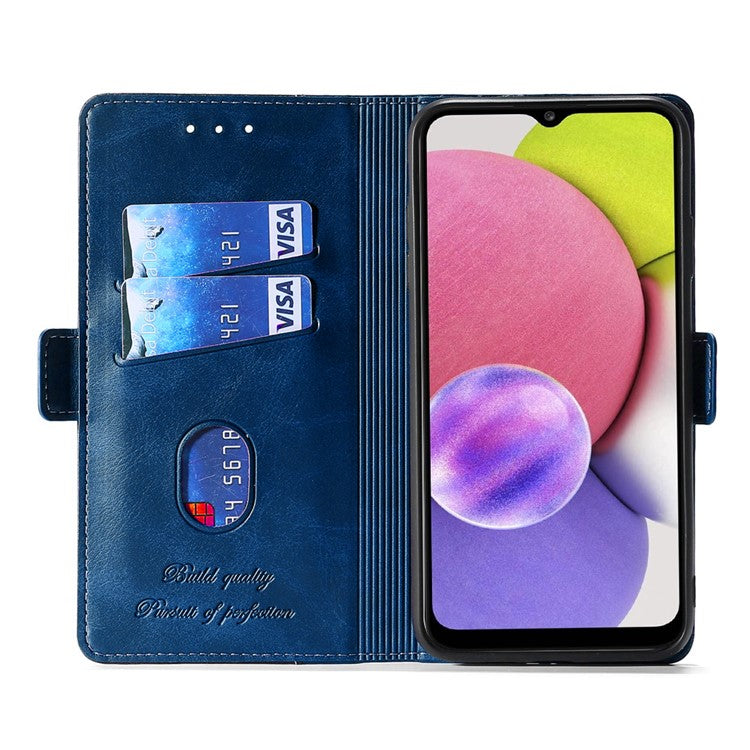For Samsung Galaxy M54 5G / F54 5G Wallet Case Flip Stand Contrast Color TPU+PU Leather Phone Cover - Blue+Grey
