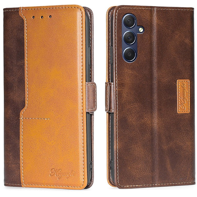 For Samsung Galaxy M54 5G / F54 5G Wallet Case Flip Stand Contrast Color TPU+PU Leather Phone Cover - Dark Brown+Gold