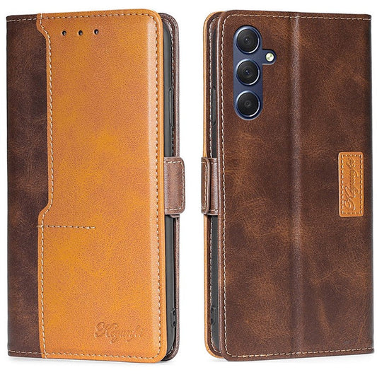 For Samsung Galaxy M54 5G / F54 5G Wallet Case Flip Stand Contrast Color TPU+PU Leather Phone Cover - Dark Brown+Gold