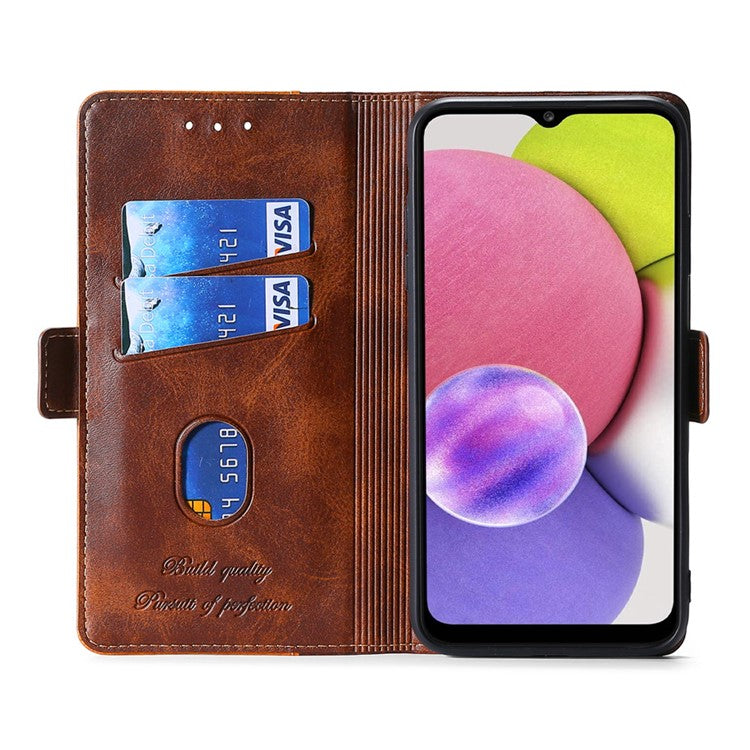 For Samsung Galaxy M54 5G / F54 5G Wallet Case Flip Stand Contrast Color TPU+PU Leather Phone Cover - Dark Brown+Gold