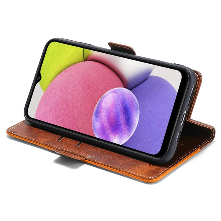 For Samsung Galaxy M54 5G / F54 5G Wallet Case Flip Stand Contrast Color TPU+PU Leather Phone Cover - Dark Brown+Gold