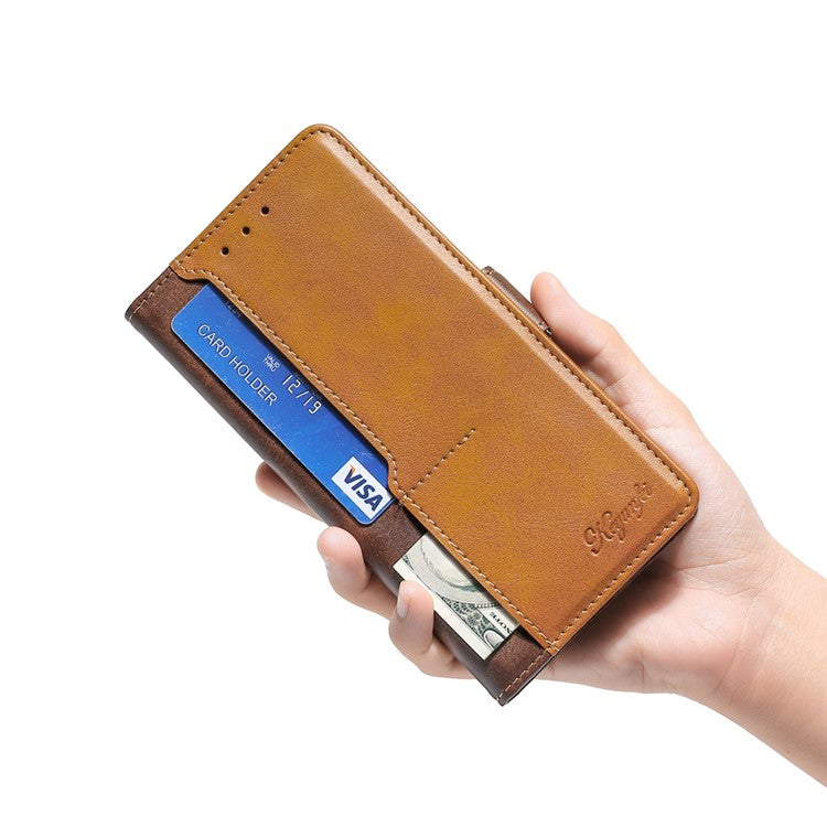 For Samsung Galaxy M54 5G / F54 5G Wallet Case Flip Stand Contrast Color TPU+PU Leather Phone Cover - Dark Brown+Gold