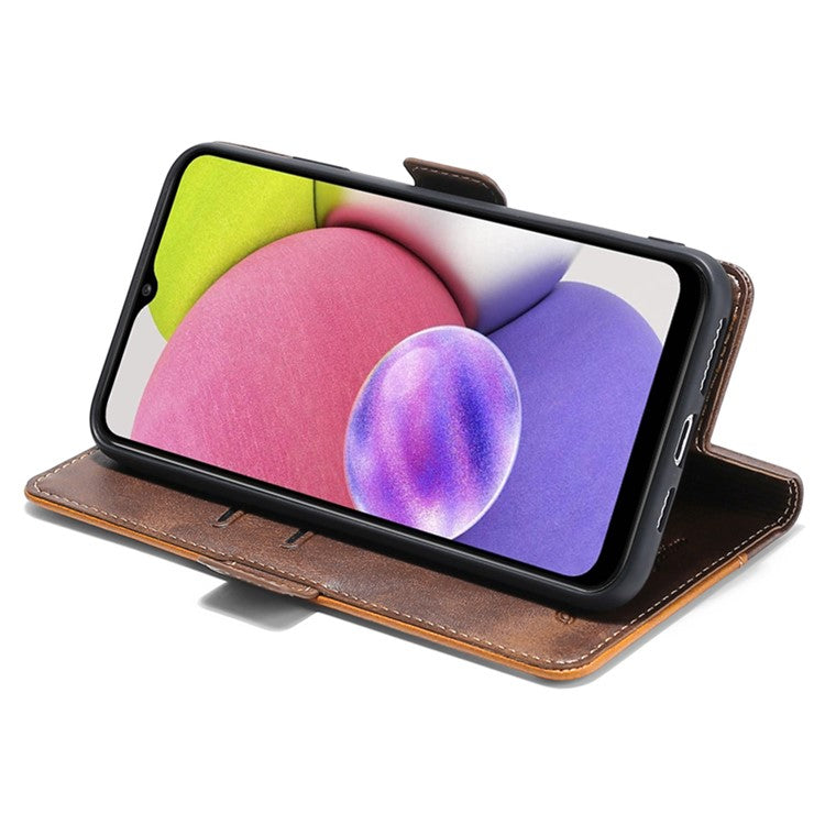 For Samsung Galaxy M54 5G / F54 5G Wallet Case Flip Stand Contrast Color TPU+PU Leather Phone Cover - Light Brown+Green