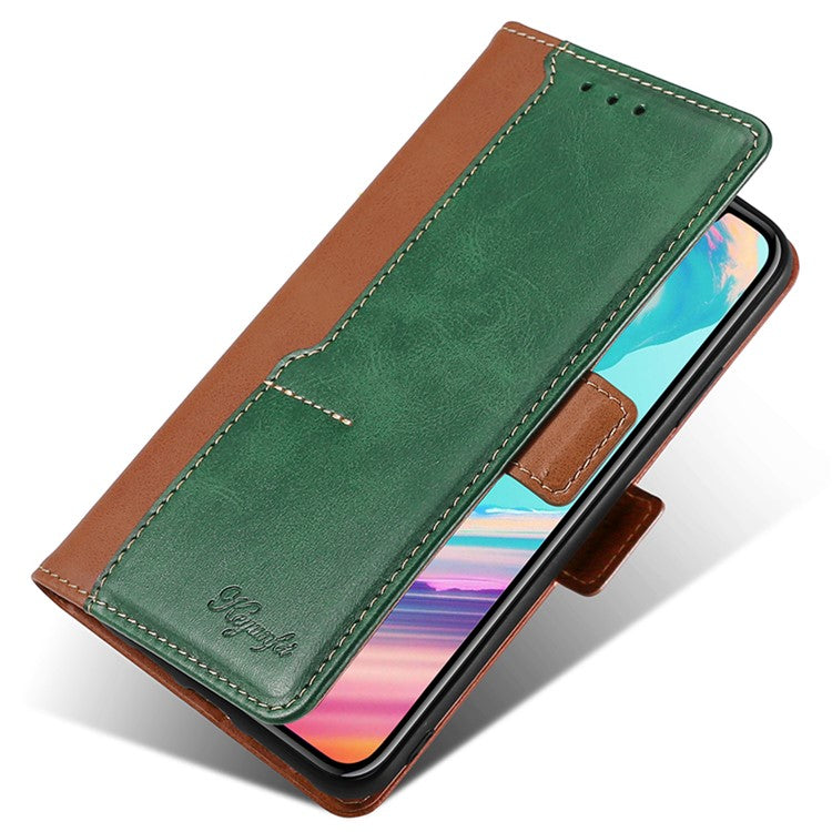For Samsung Galaxy M54 5G / F54 5G Wallet Case Flip Stand Contrast Color TPU+PU Leather Phone Cover - Light Brown+Green