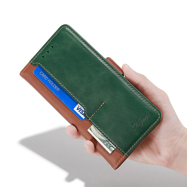 For Samsung Galaxy M54 5G / F54 5G Wallet Case Flip Stand Contrast Color TPU+PU Leather Phone Cover - Light Brown+Green