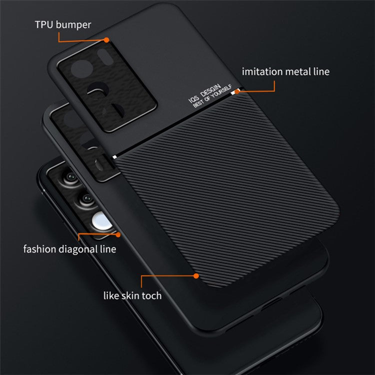 Lines Imprinted Leather+TPU Case for vivo S17 5G / S17 Pro 5G , Magnetic Holder Metal Sheet Phone Cover - Blue