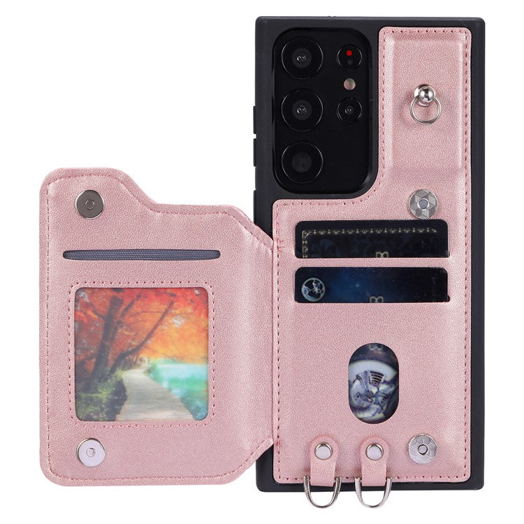 Style 008 For Samsung Galaxy S23 Ultra Rhombus Imprinted Phone Case PU+TPU Phone Cover with RFID Blocking - Rose Gold