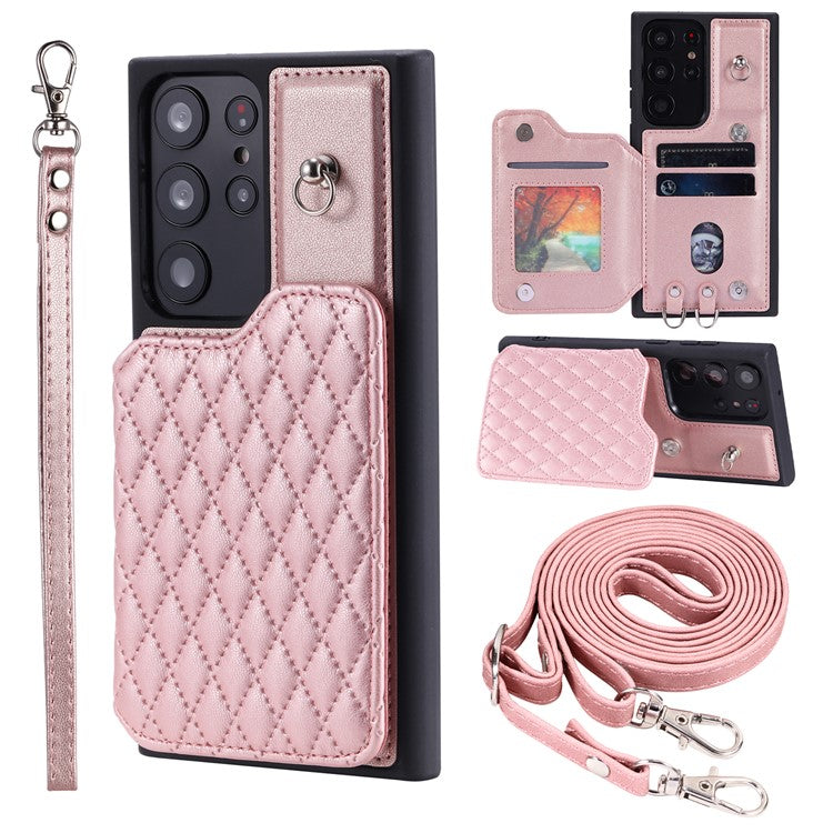 Style 008 For Samsung Galaxy S22 Ultra 5G Shockproof Case Rhombus Imprinted RFID Blocking PU+TPU Phone Cover with Straps - Rose Gold