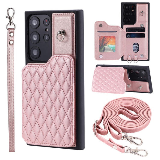 Style 008 For Samsung Galaxy S22 Ultra 5G Shockproof Case Rhombus Imprinted RFID Blocking PU+TPU Phone Cover with Straps - Rose Gold