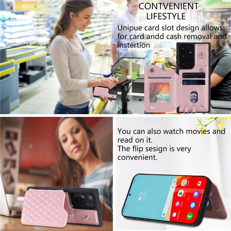 Style 008 For Samsung Galaxy S22 Ultra 5G Shockproof Case Rhombus Imprinted RFID Blocking PU+TPU Phone Cover with Straps - Rose Gold