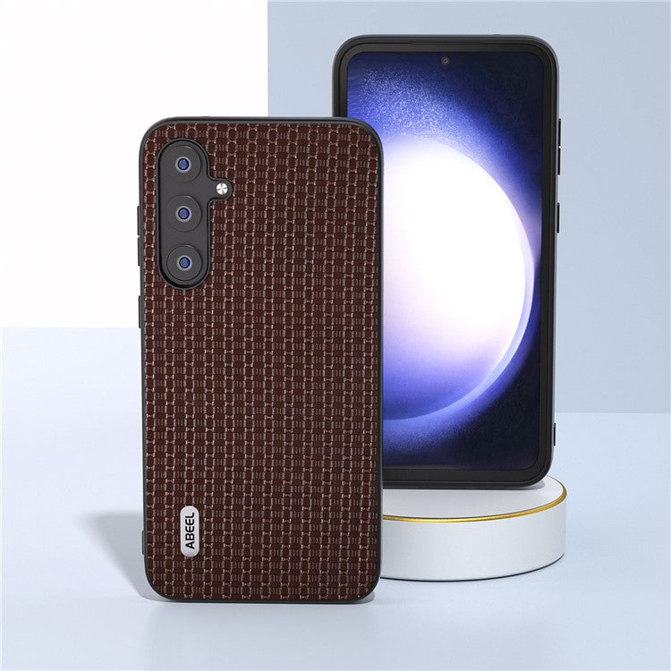 ABEEL For Samsung Galaxy S23 FE Cowhide Leather Coated PC+TPU Cover Luxury Textured Protective Phone Case - Coffee