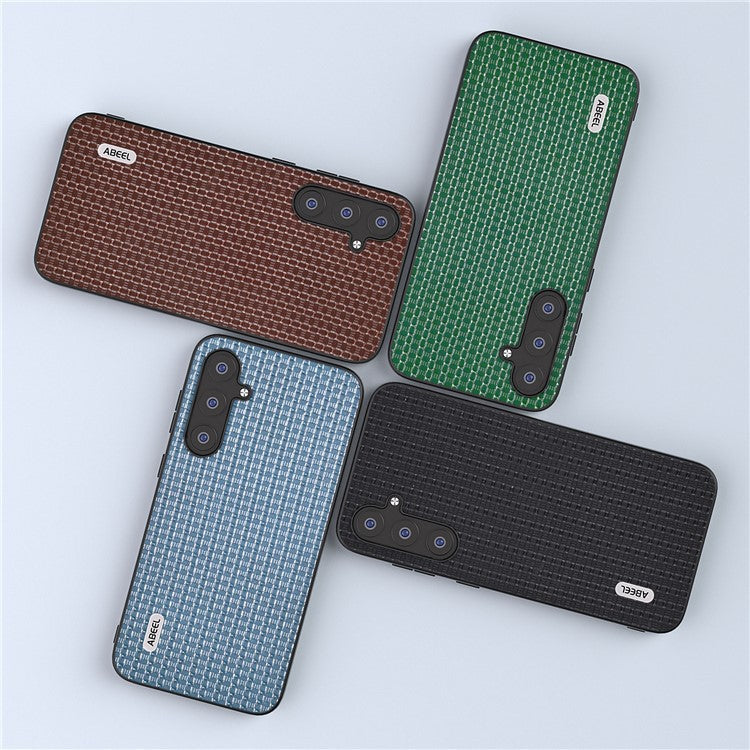 ABEEL For Samsung Galaxy S23 FE Cowhide Leather Coated PC+TPU Cover Luxury Textured Protective Phone Case - Coffee