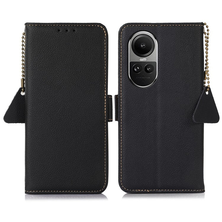 TJ Phone Case for Oppo Reno10 Pro 5G (Global) / Reno10 5G (Global) , Genuine Cow Leather RFID Blocking Shell Stand Wallet Cover - Black