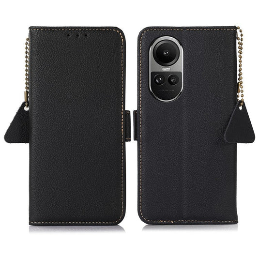 TJ Phone Case for Oppo Reno10 Pro 5G (Global) / Reno10 5G (Global) , Genuine Cow Leather RFID Blocking Shell Stand Wallet Cover - Black
