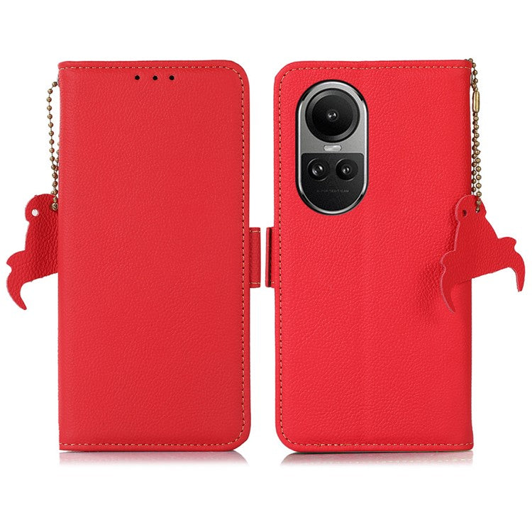 TJ Phone Case for Oppo Reno10 Pro 5G (Global) / Reno10 5G (Global) , Genuine Cow Leather RFID Blocking Shell Stand Wallet Cover - Red