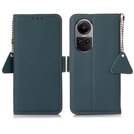 TJ Phone Case for Oppo Reno10 Pro 5G (Global) / Reno10 5G (Global) , Genuine Cow Leather RFID Blocking Shell Stand Wallet Cover - Green