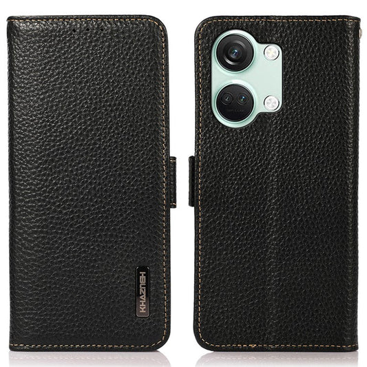 KHAZNEH Genuine Cow Leather Phone Case for OnePlus Nord 3 5G / Ace 2V , RFID Blocking Stand Wallet Litchi Texture Cover - Black
