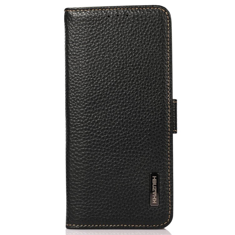 KHAZNEH Genuine Cow Leather Phone Case for OnePlus Nord 3 5G / Ace 2V , RFID Blocking Stand Wallet Litchi Texture Cover - Black