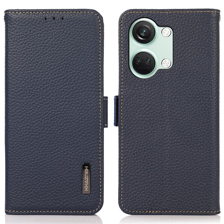 KHAZNEH Genuine Cow Leather Phone Case for OnePlus Nord 3 5G / Ace 2V , RFID Blocking Stand Wallet Litchi Texture Cover - Blue