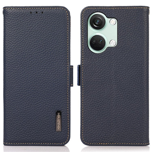 KHAZNEH Genuine Cow Leather Phone Case for OnePlus Nord 3 5G / Ace 2V , RFID Blocking Stand Wallet Litchi Texture Cover - Blue