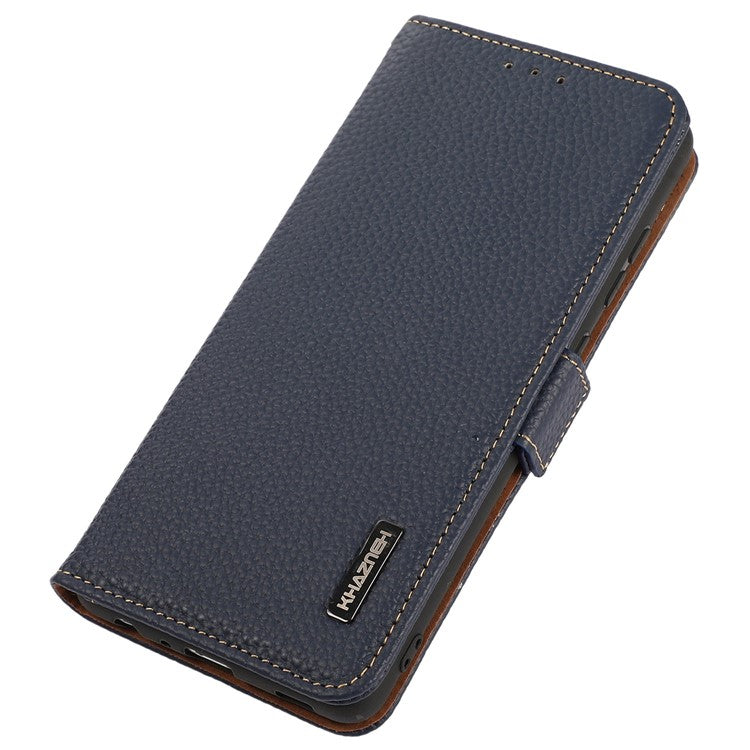 KHAZNEH Genuine Cow Leather Phone Case for OnePlus Nord 3 5G / Ace 2V , RFID Blocking Stand Wallet Litchi Texture Cover - Blue