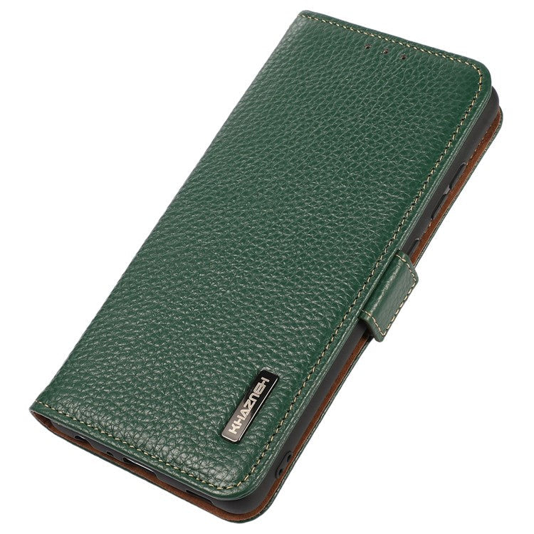 KHAZNEH Genuine Cow Leather Phone Case for OnePlus Nord 3 5G / Ace 2V , RFID Blocking Stand Wallet Litchi Texture Cover - Green