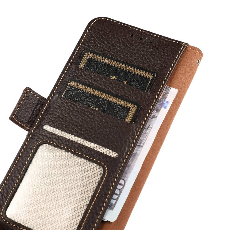 KHAZNEH Genuine Cow Leather Phone Case for OnePlus Nord 3 5G / Ace 2V , RFID Blocking Stand Wallet Litchi Texture Cover - Brown