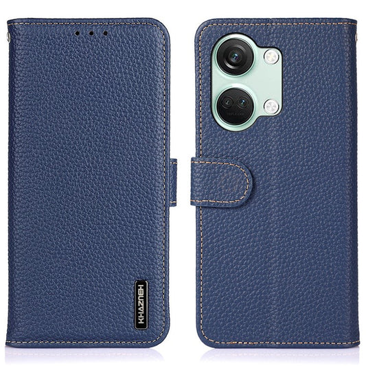 KHAZNEH For OnePlus Nord 3 5G / Ace 2V Litchi Texture Adjustable Stand Phone Cover Genuine Cow Leather Wallet Case - Blue