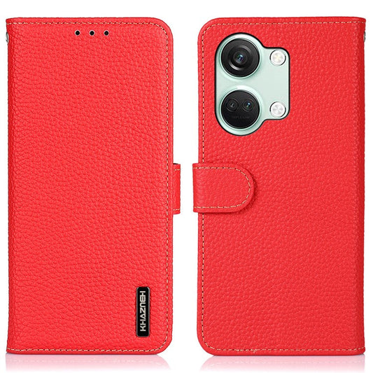 KHAZNEH For OnePlus Nord 3 5G / Ace 2V Litchi Texture Adjustable Stand Phone Cover Genuine Cow Leather Wallet Case - Red