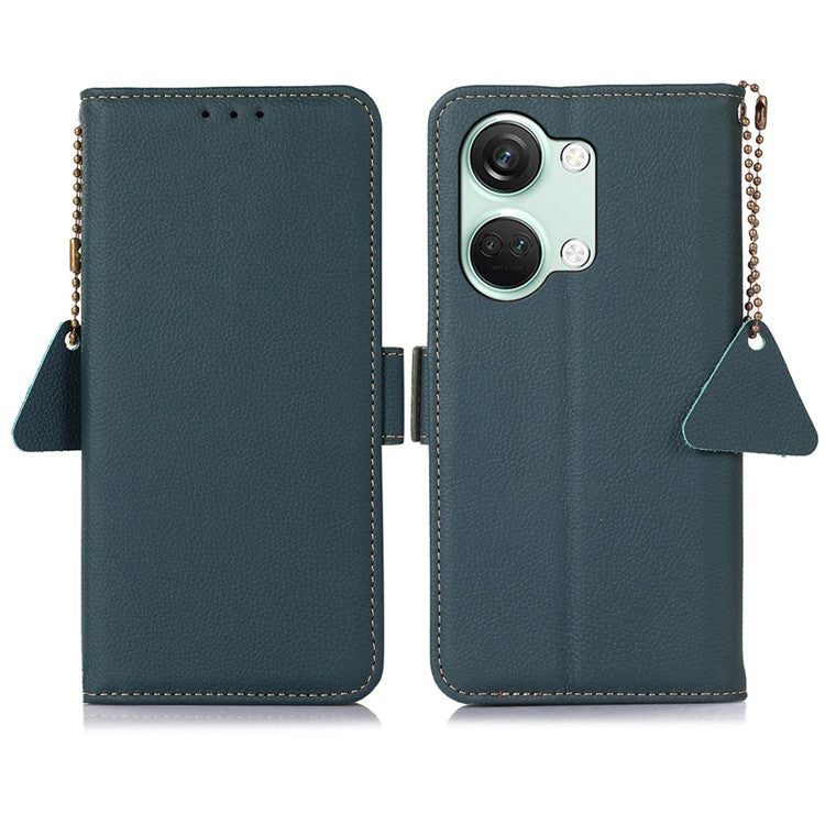TJ Smartphone Case for OnePlus Nord 3 5G / Ace 2V , RFID Blocking Genuine Cow Leather Stand Wallet Cover - Green