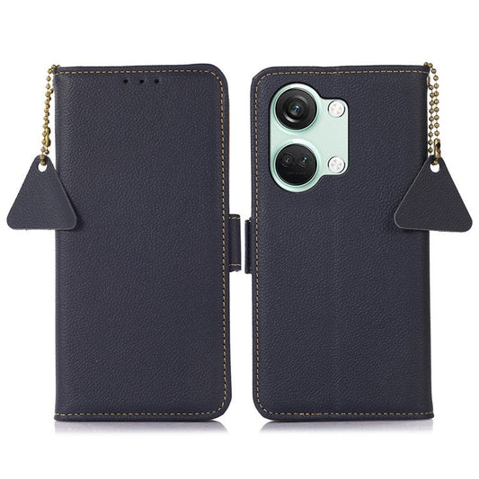 TJ Smartphone Case for OnePlus Nord 3 5G / Ace 2V , RFID Blocking Genuine Cow Leather Stand Wallet Cover - Blue