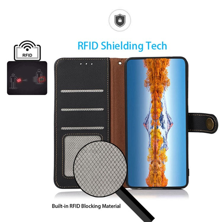 KHAZNEH For OnePlus Nord 3 5G / Ace 2V RFID Blocking Wallet Case Fall Protection Genuine Cow Leather Stand Phone Cover - Black