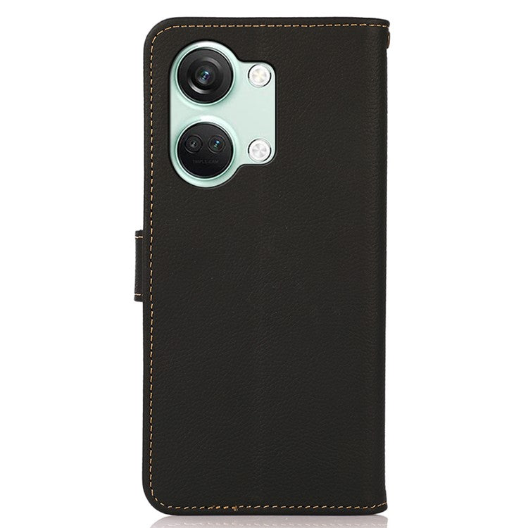 KHAZNEH For OnePlus Nord 3 5G / Ace 2V RFID Blocking Wallet Case Fall Protection Genuine Cow Leather Stand Phone Cover - Black